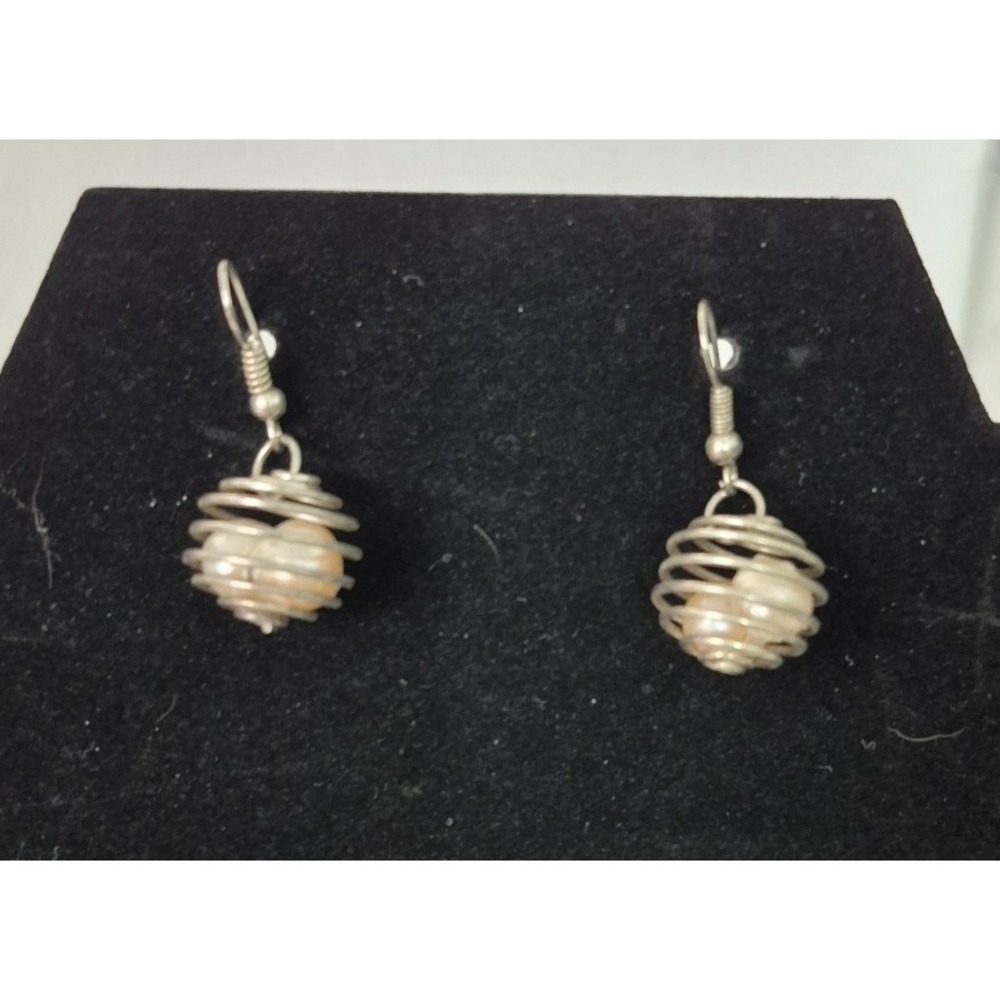 Silver Tone Cage with Fresh‎ Water Pearls Dangle Earrings